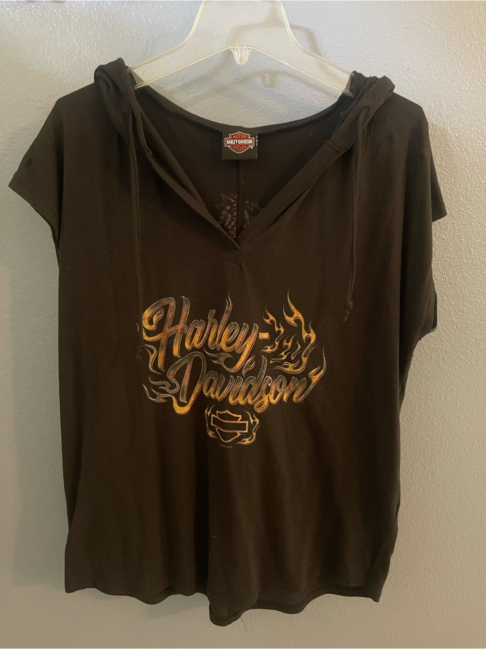 Harley-Davidson Black Hooded Women’s Graphic Tee with Gold Flame Logo